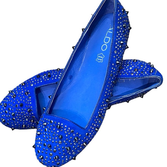 Aldo Leather Blue Silver Studded Ballet Flats New With Tags Size 38 or 7.5 to 8 - Picture 9 of 12